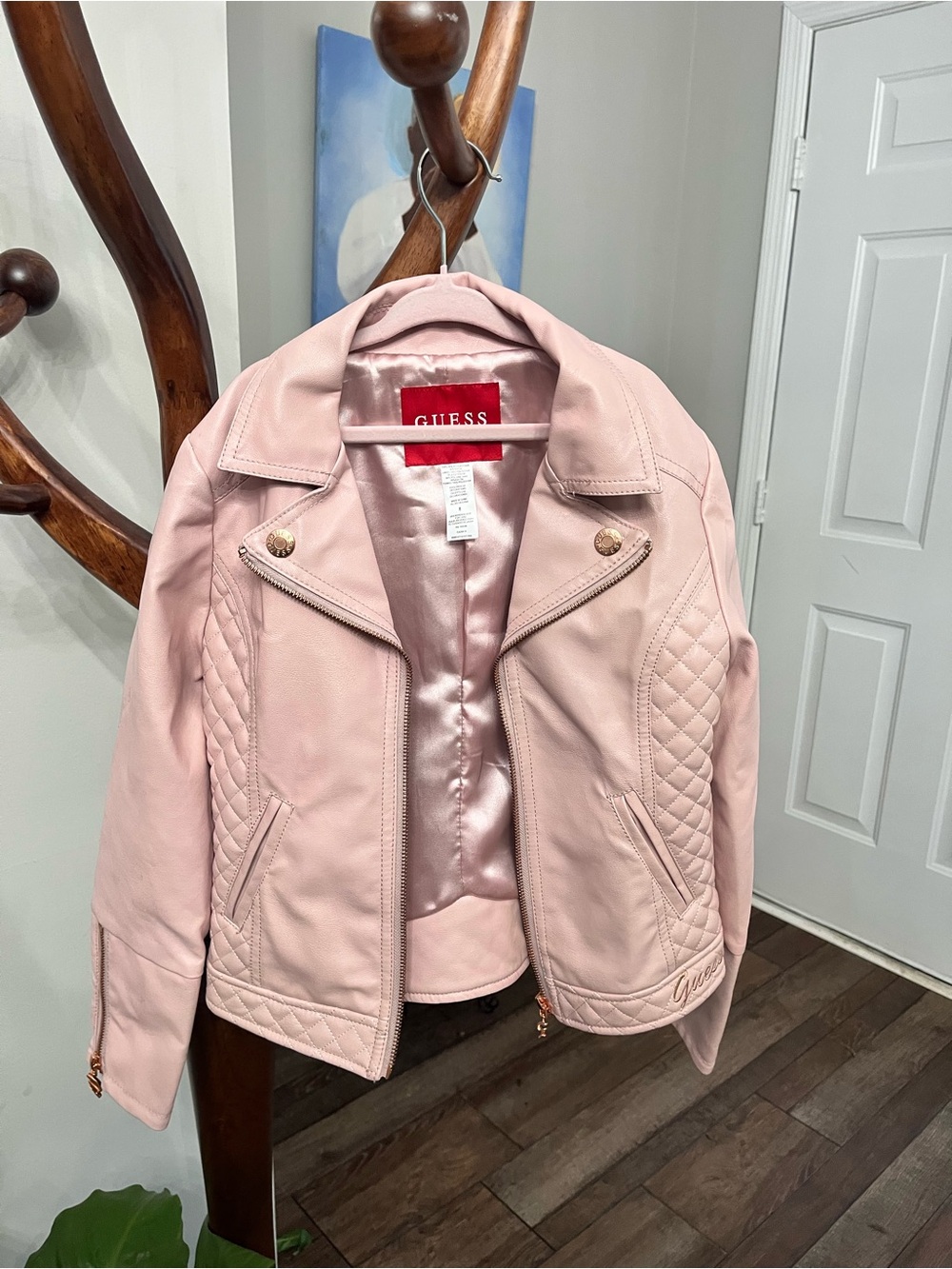 Girls size 8 Guess Baby Pink Quilted Faux-Leather Moto Jacket
